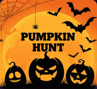 Cover von Pumpkin Hunt: drei grinsende Kürbisse vor orangefarbenem Himmel